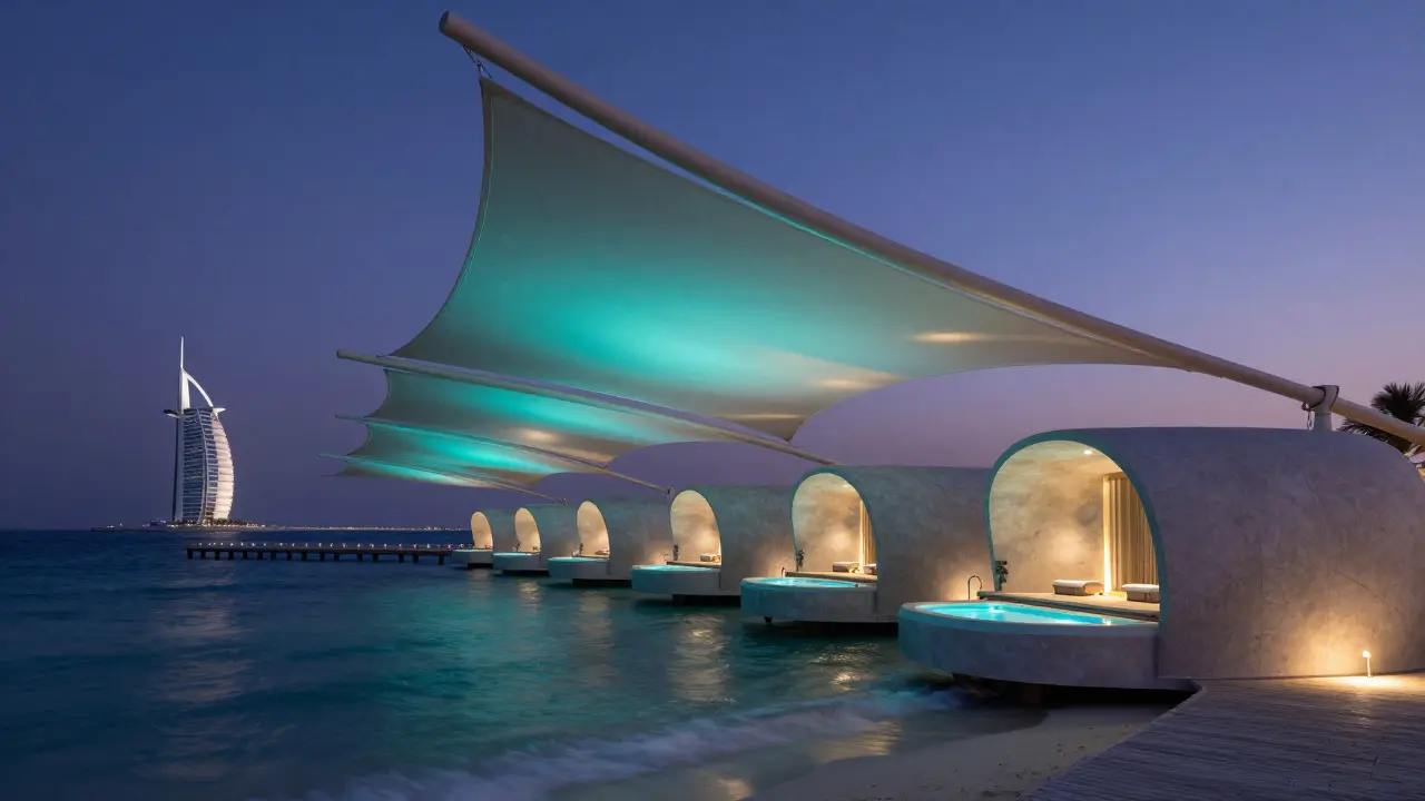 Cielo Beach Dubai's curved fabric canopy and floating pods illuminated at dusk over the sea.