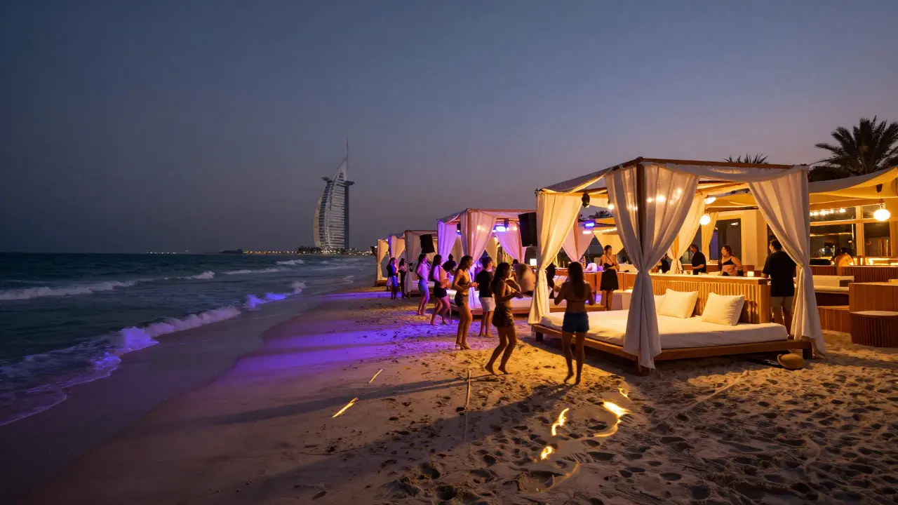 Cielo Dubai beach club with guests dancing by the ocean at twilight