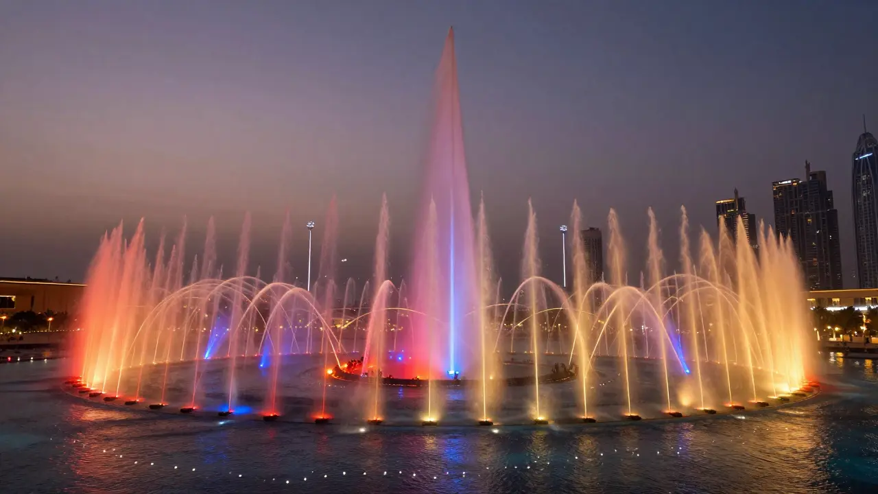 Colorful water jets dancing in perfect sync across the lake, painted by dynamic lights under the Dubai skyline.