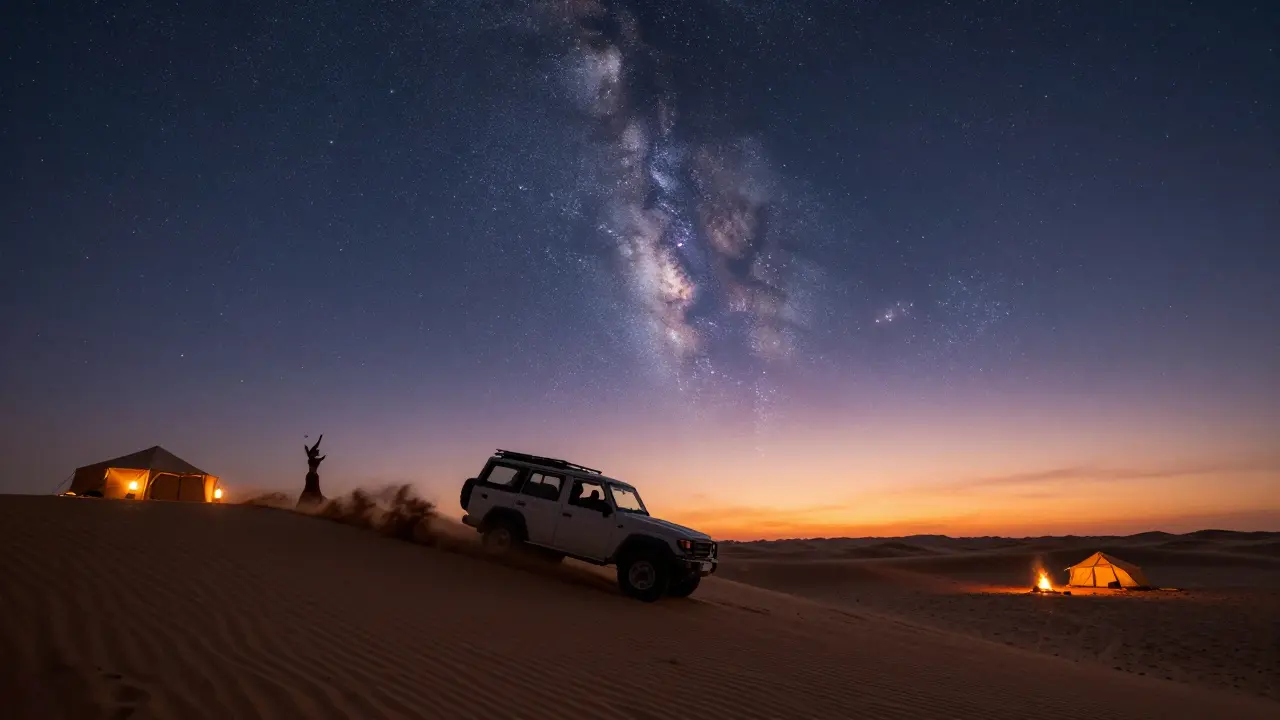 Desert safari at sunset with a 4x4 on a dune, Bedouin camp, and Milky Way overhead.