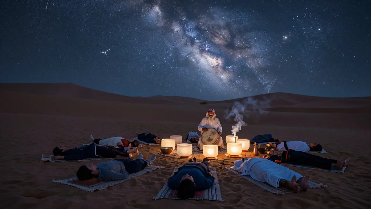 Desert sound bath under the stars, participants resting on rugs as singing bowls glow softly.