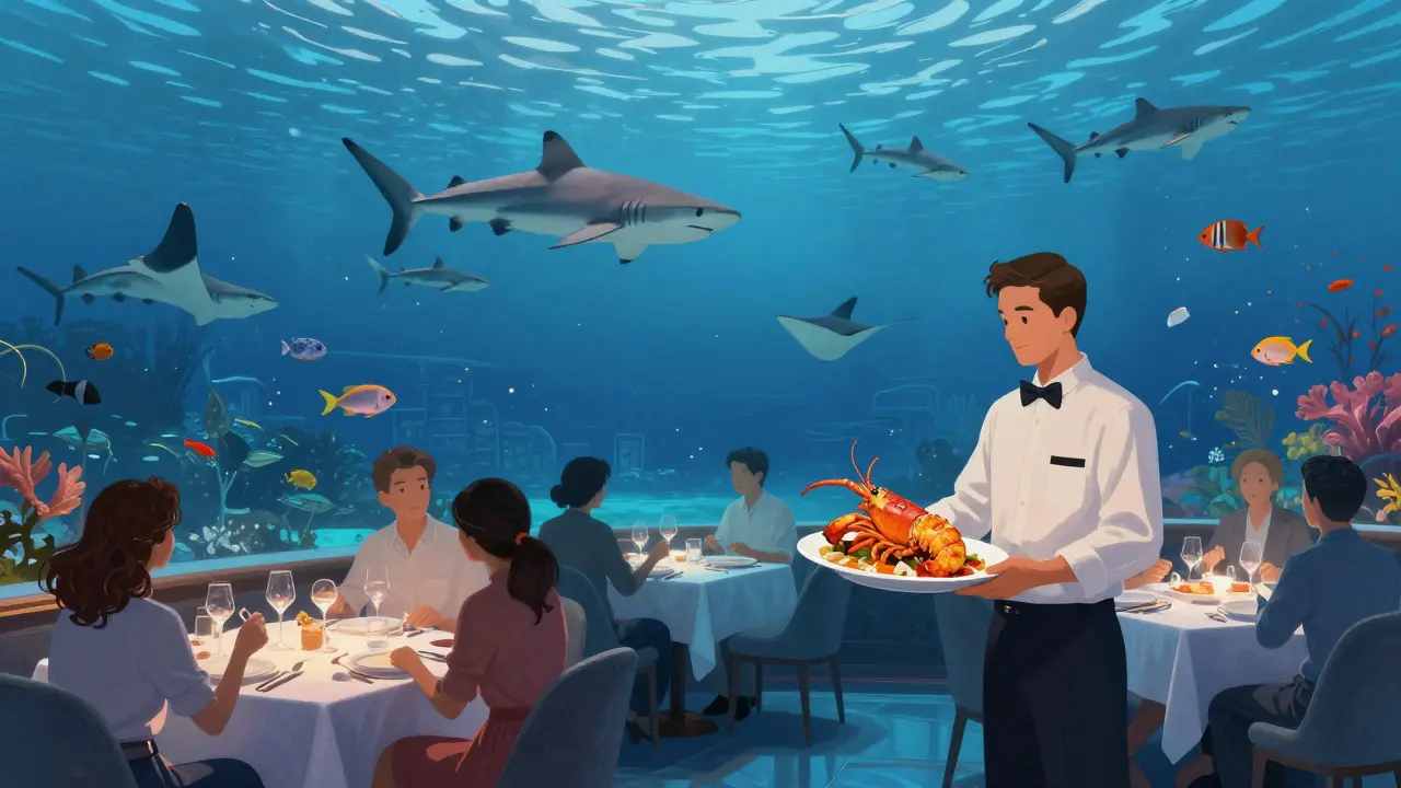 Diners in an underwater restaurant surrounded by sharks and tropical fish under soft blue light.