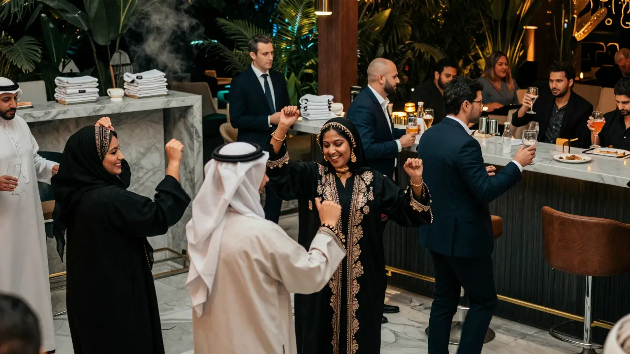 Diverse group of guests dancing and socializing at Soho Garden, blending Emirati, Russian, and Indian cultures in elegant attire.