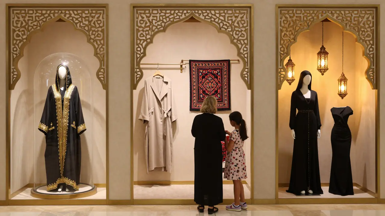 Emirati designer boutiques showcasing gold-threaded abayas and traditional embroidery alongside contemporary tailoring in a softly lit corner.