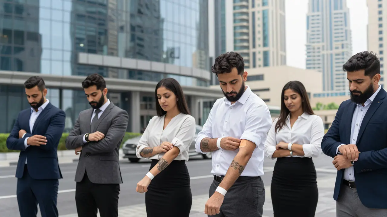 Expats in business attire covering tattoos outside a Dubai office