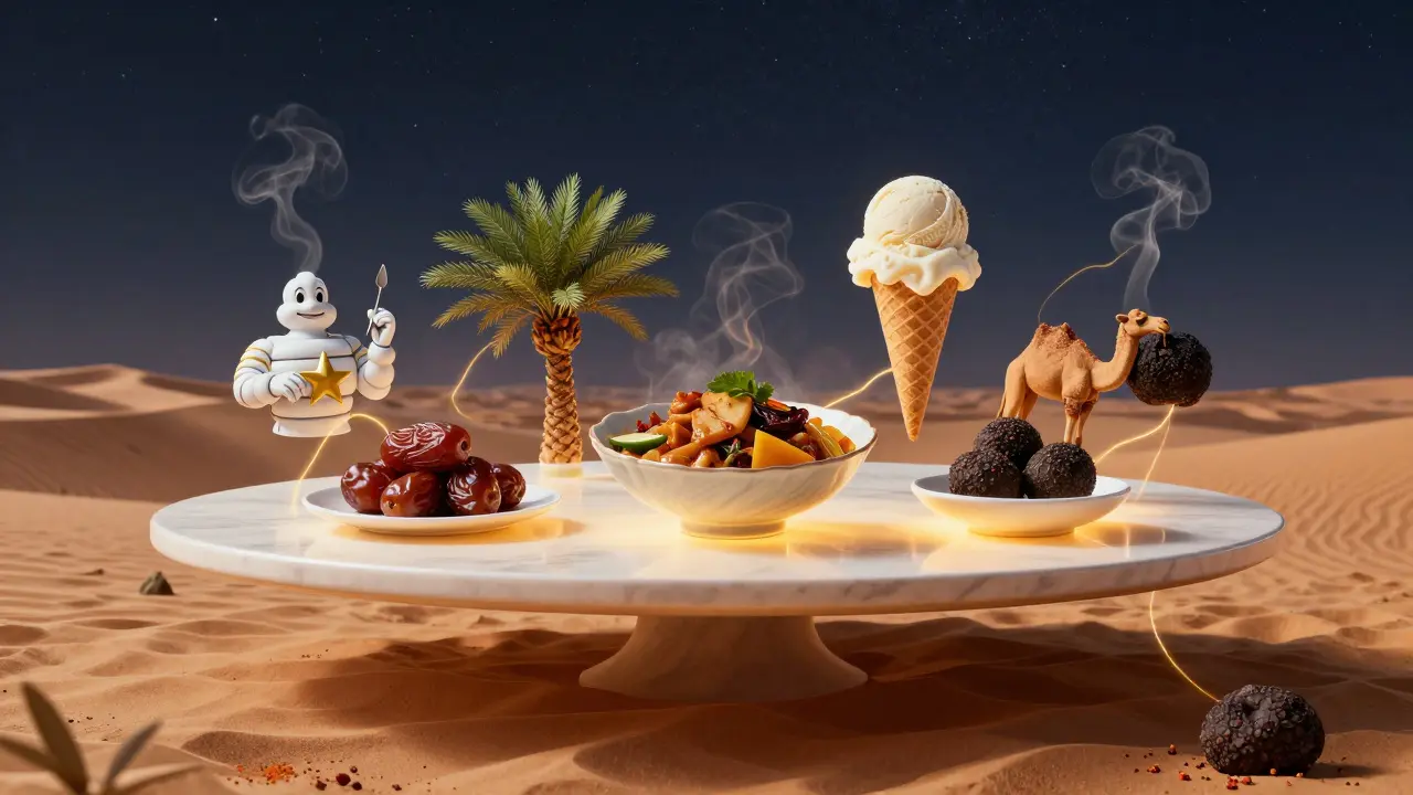Floating dishes in the desert symbolizing global and local culinary fusion under a starry sky.
