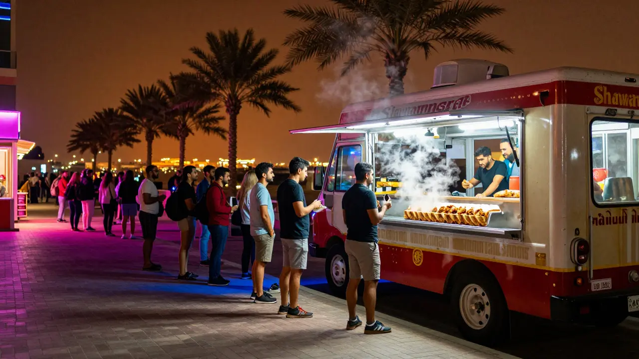 Food truck at Dubai Marina serving shawarma to a lively crowd under neon signs at 1:30 a.m.