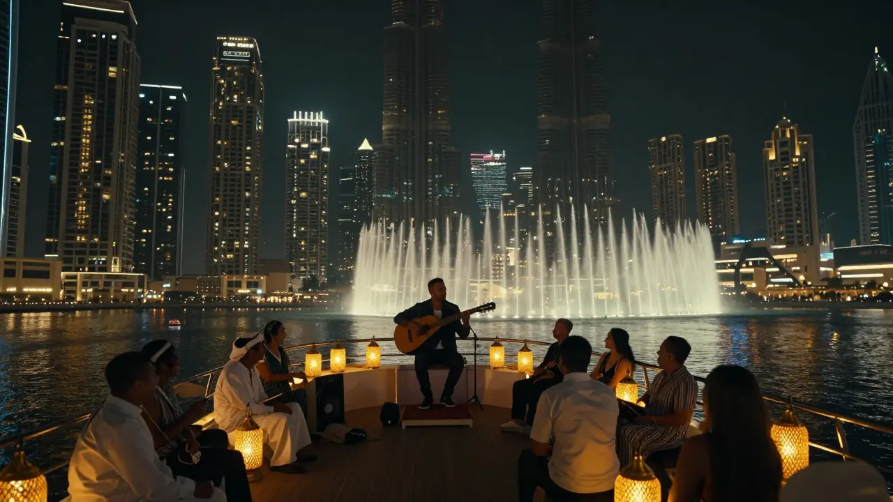 Guests on a night cruise along Dubai Marina, lit by lanterns and fountain displays, with music and laughter.