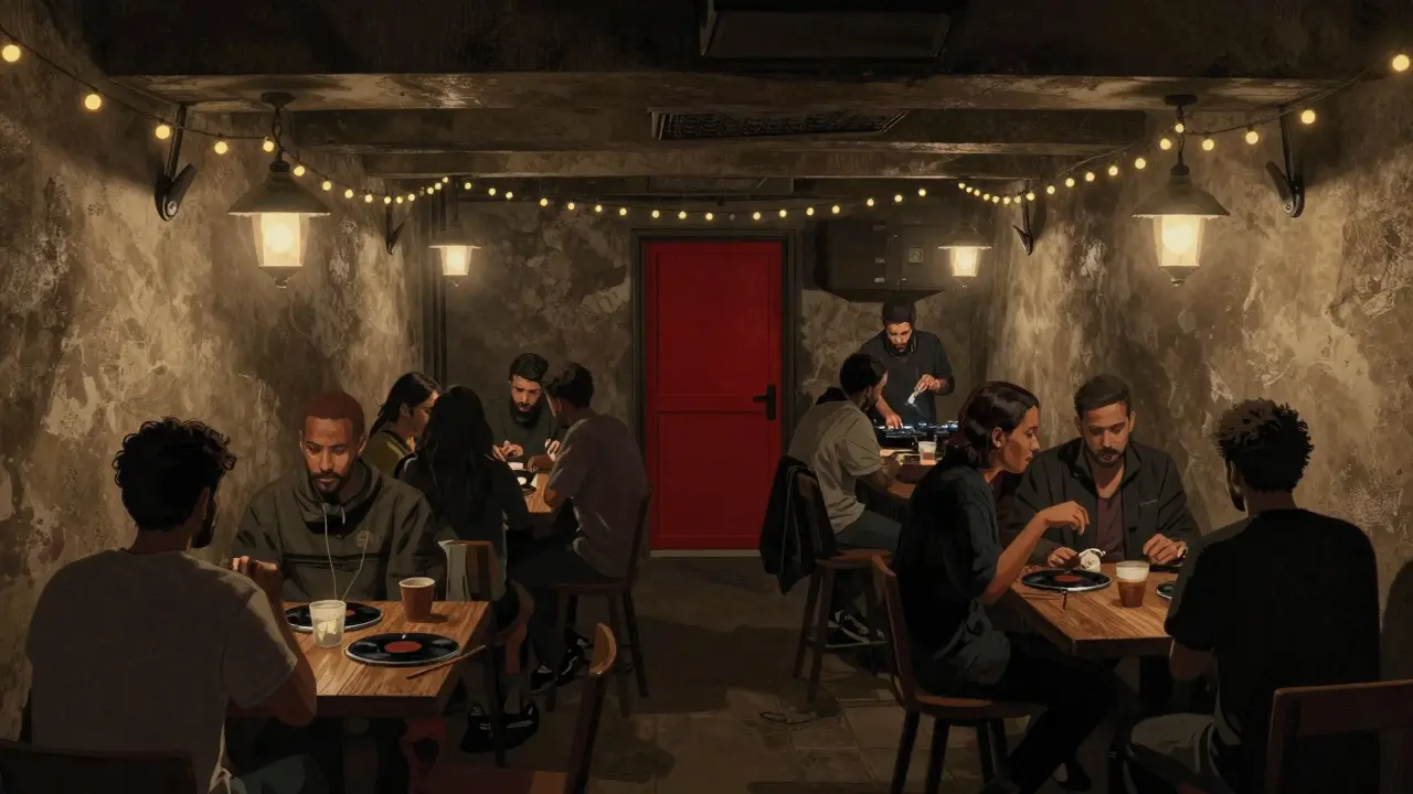 Hidden underground bar in Alserkal Avenue with string lights and vinyl DJ.