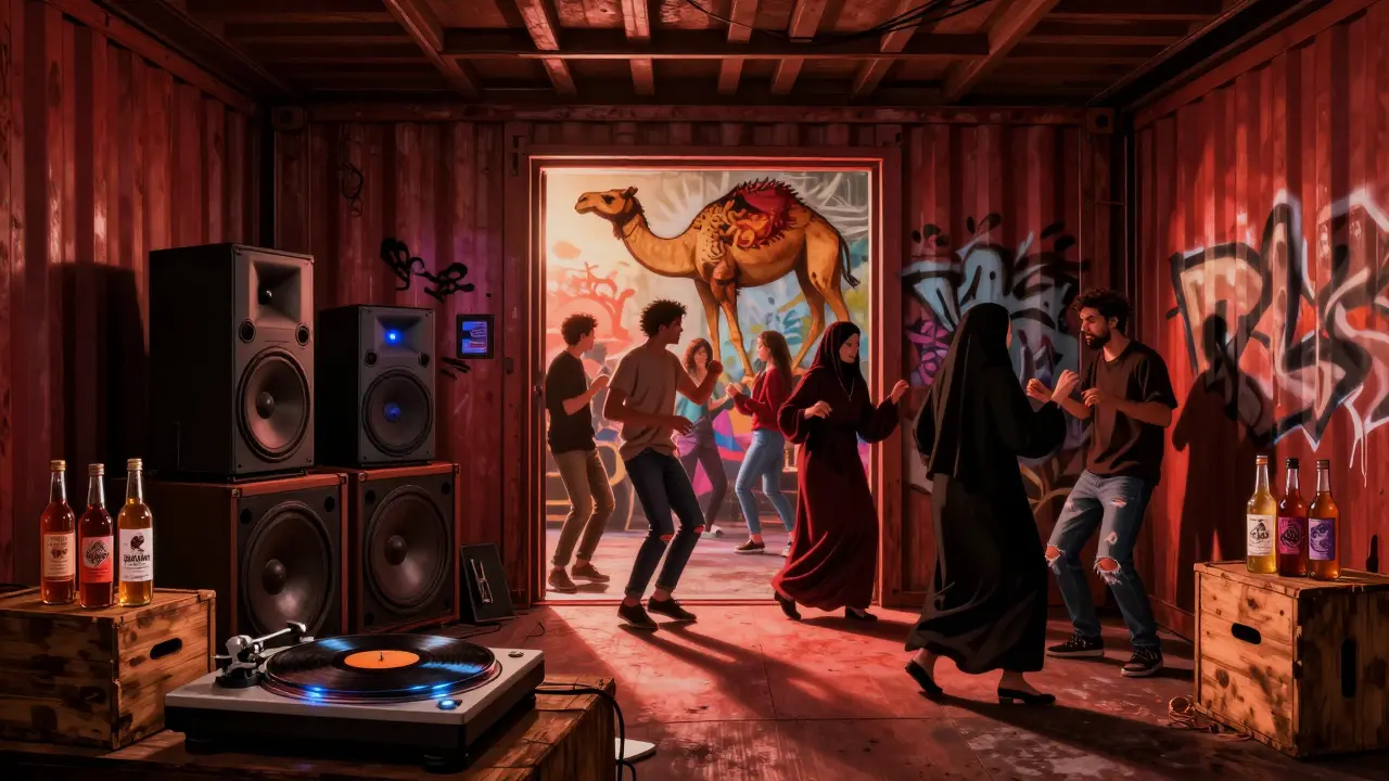 Hidden underground music venue with graffiti entrance, diverse crowd enjoying vinyl beats.