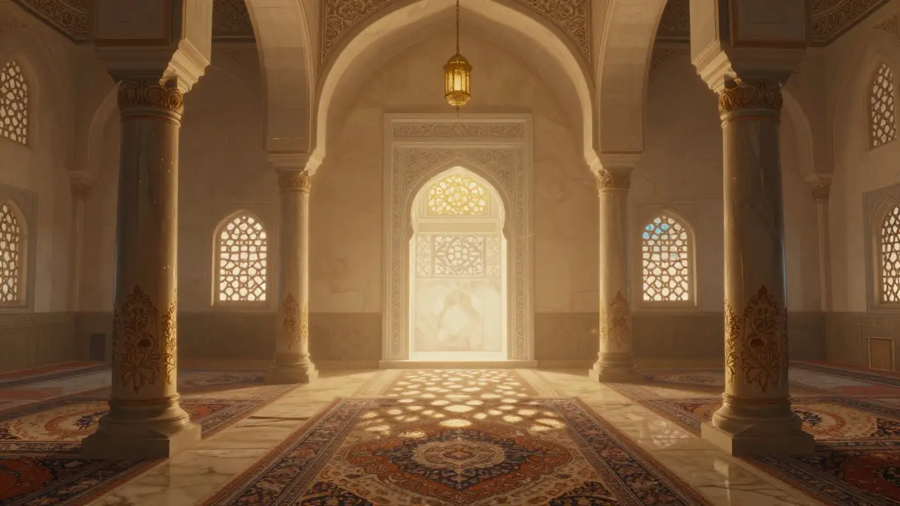 Interior of prayer hall with lantern light on Persian rugs and a mother-of-pearl inlaid mihrab.