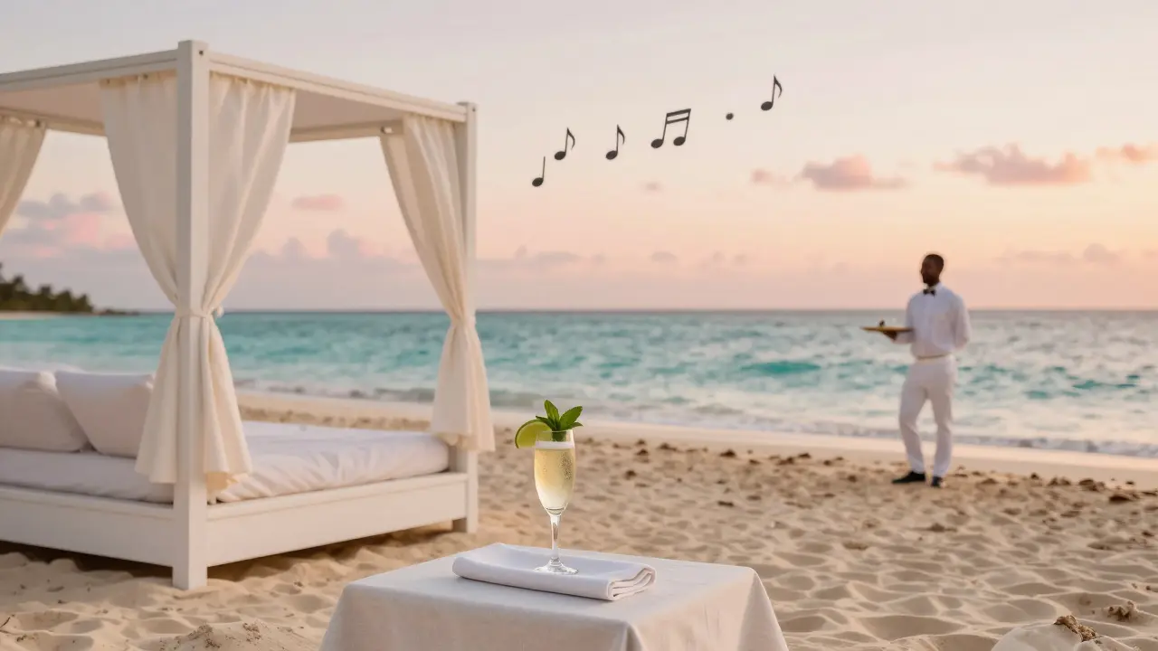 Private cabana at Sirena Beach Club with champagne and gentle ocean waves under a pastel sky.