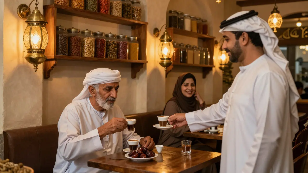Quiet café interior with Arabic coffee and dates served by a kind owner late at night in Deira.