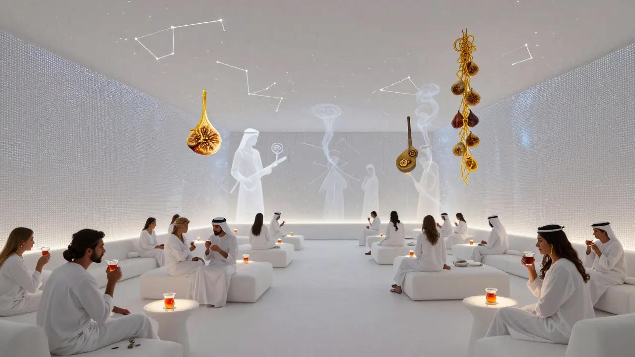 Serene midnight scene inside White Dubai: guests relaxing on white lounges as the ceiling becomes a starfield with floating cultural motifs.