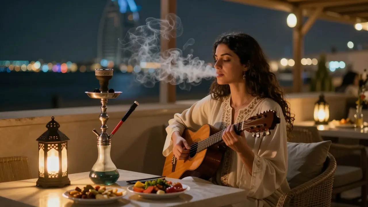 Serene terrace lounge with shisha and mezze, warm lighting and cultural ambiance.