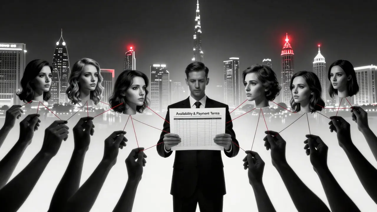 Shadowy figures control women as puppets, with Dubai&#039;s skyline and police sirens in the background.