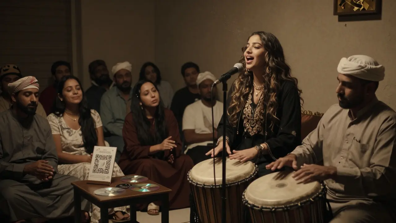 Singer Nada Al Mansoori performs in a cozy basement bar, accompanied by a darbuka player, with handmade CDs and a tip QR code visible.