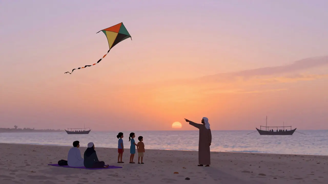 Sunset at a quiet beach in Jumeirah with children flying traditional Emirati kites.