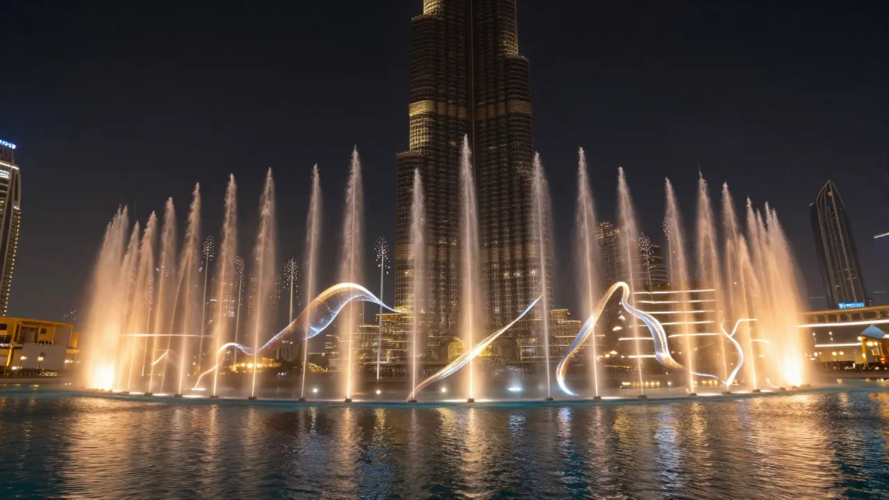 The Dubai Fountain as a luminous ribbon of water and light, flowing in intricate patterns against the Burj Khalifa at night.