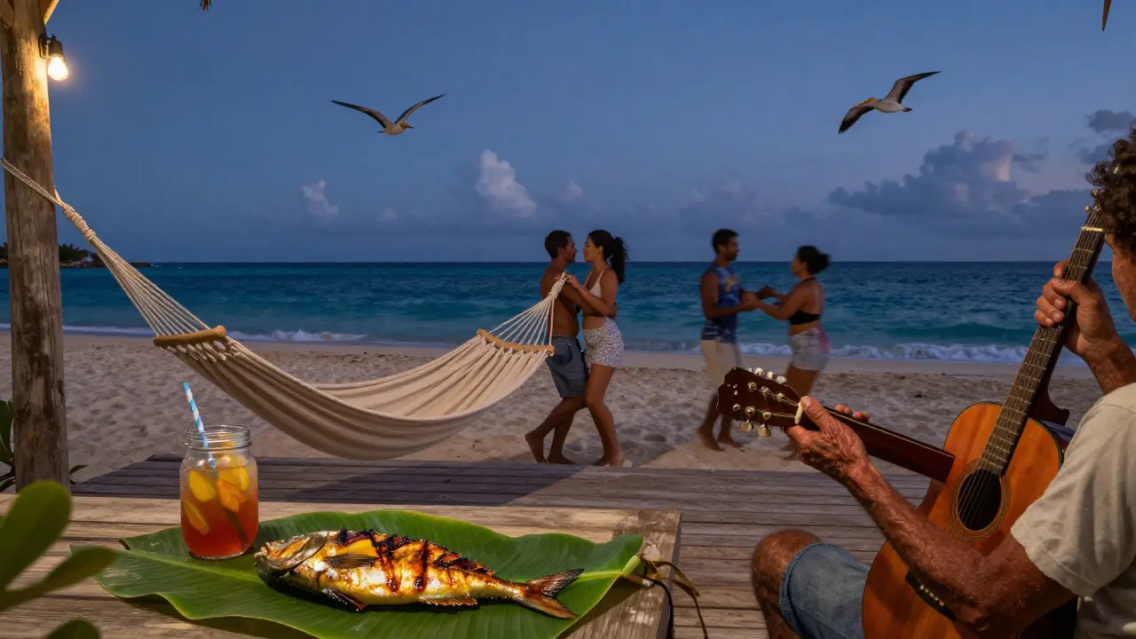 The Sandbar in Antigua at dusk with locals dancing barefoot beside a hammock and rum punch.