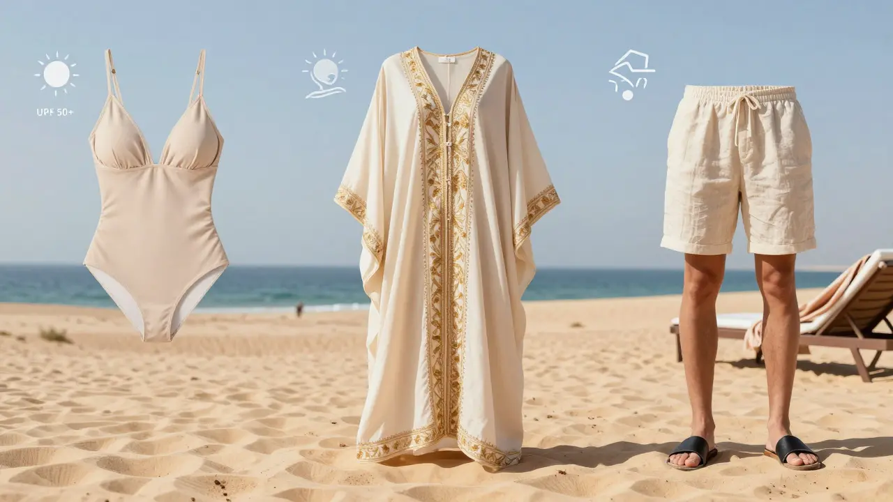 Three outfits representing modest swimwear, cover-up, and casual attire for Dubai beach clubs.