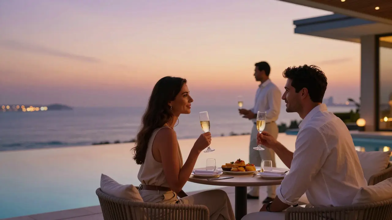 Two people enjoying champagne on a private villa terrace at sunset overlooking the ocean.