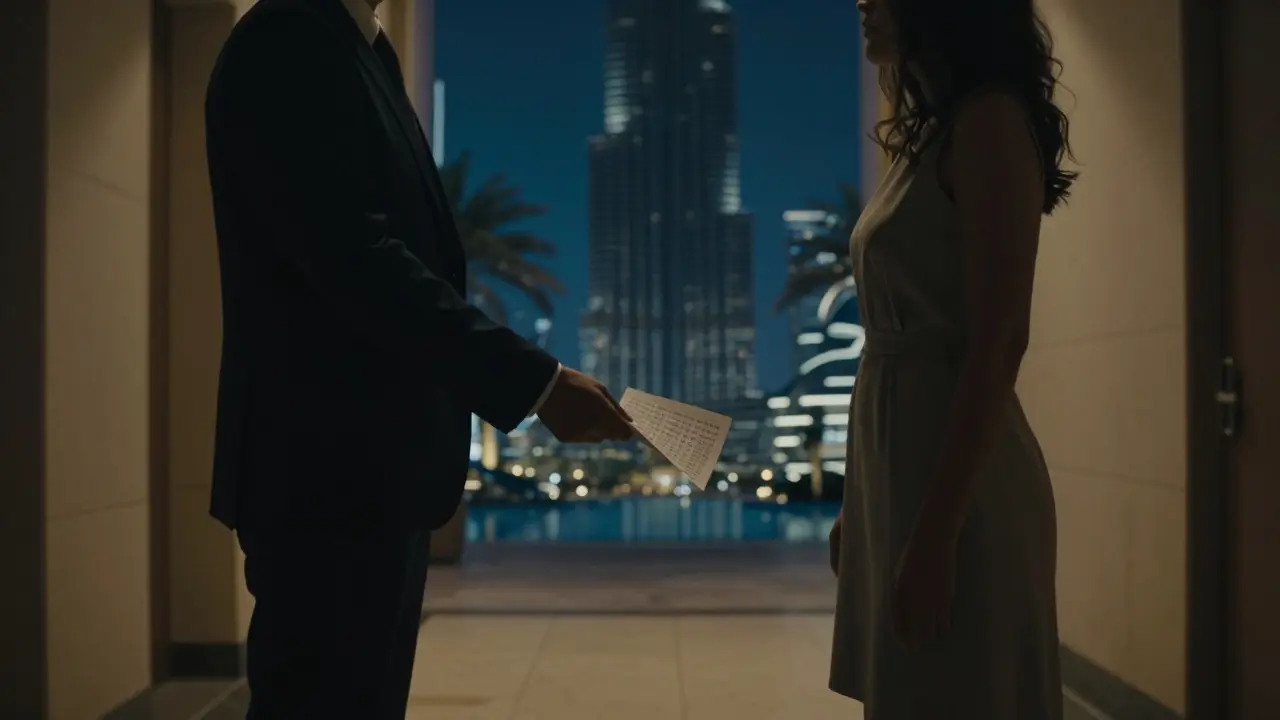 Two shadowy figures exchange a note in a hotel hallway at night, no faces visible, cinematic noir atmosphere.