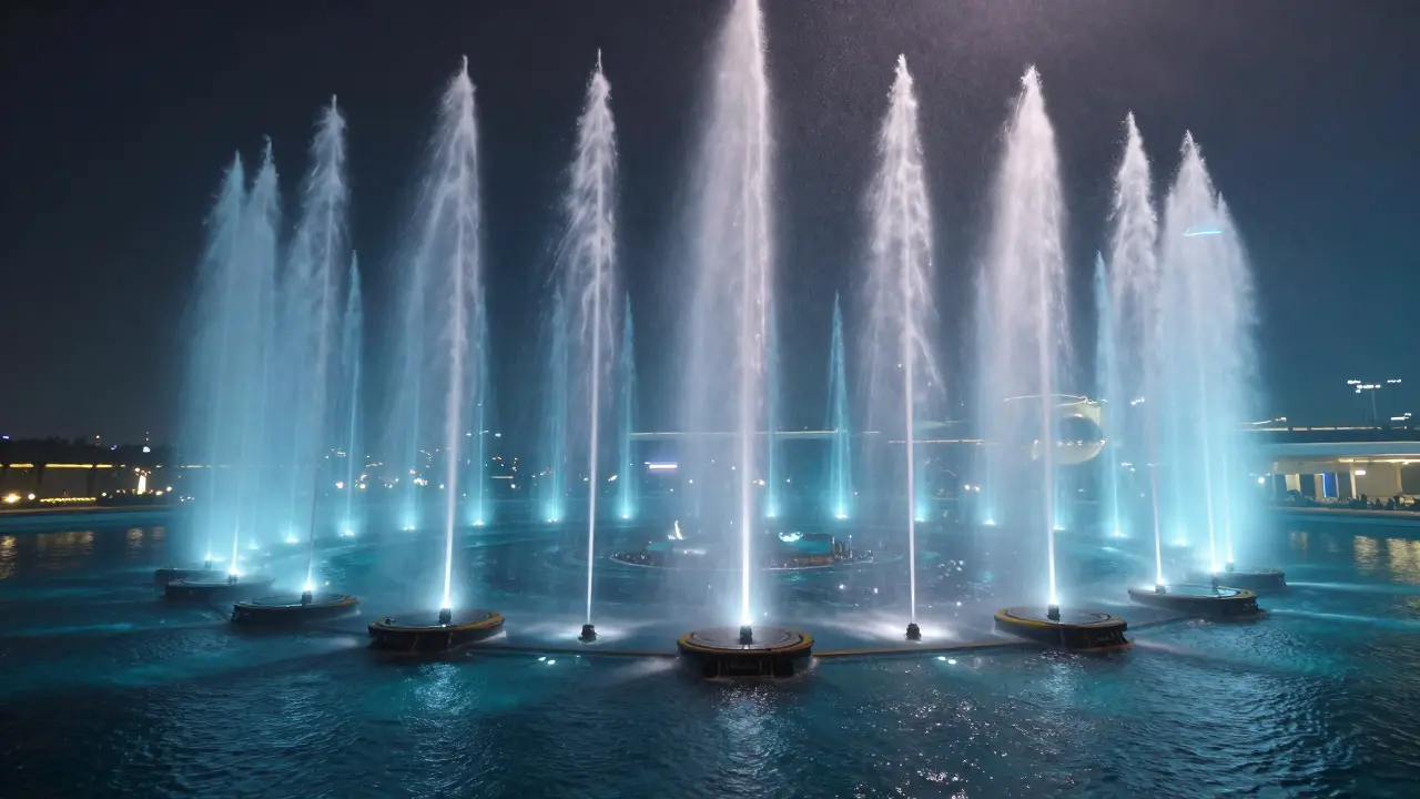 Underwater view of the fountain’s nozzles and platforms creating powerful water columns illuminated by colored lights.