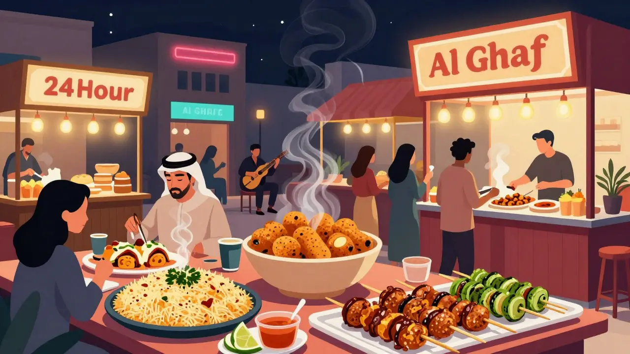 Vibrant midnight food hall with diverse global street eats under soft neon lights and live oud music.