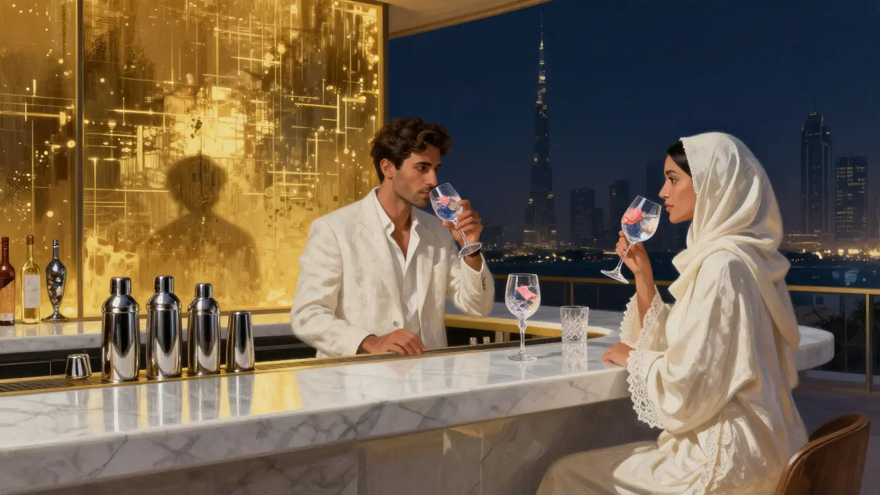 VIP guests at a marble bar in White Dubai, sipping cocktails as LED walls shift color behind them, skyline glowing in the distance.