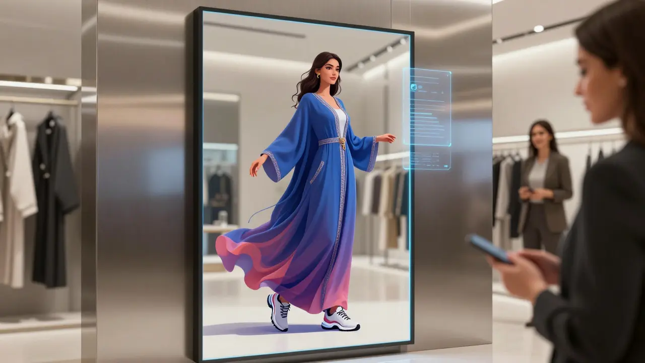 Woman using a smart mirror to virtually try on a modern Emirati kaftan with digital fabric effects and stylish sneakers.