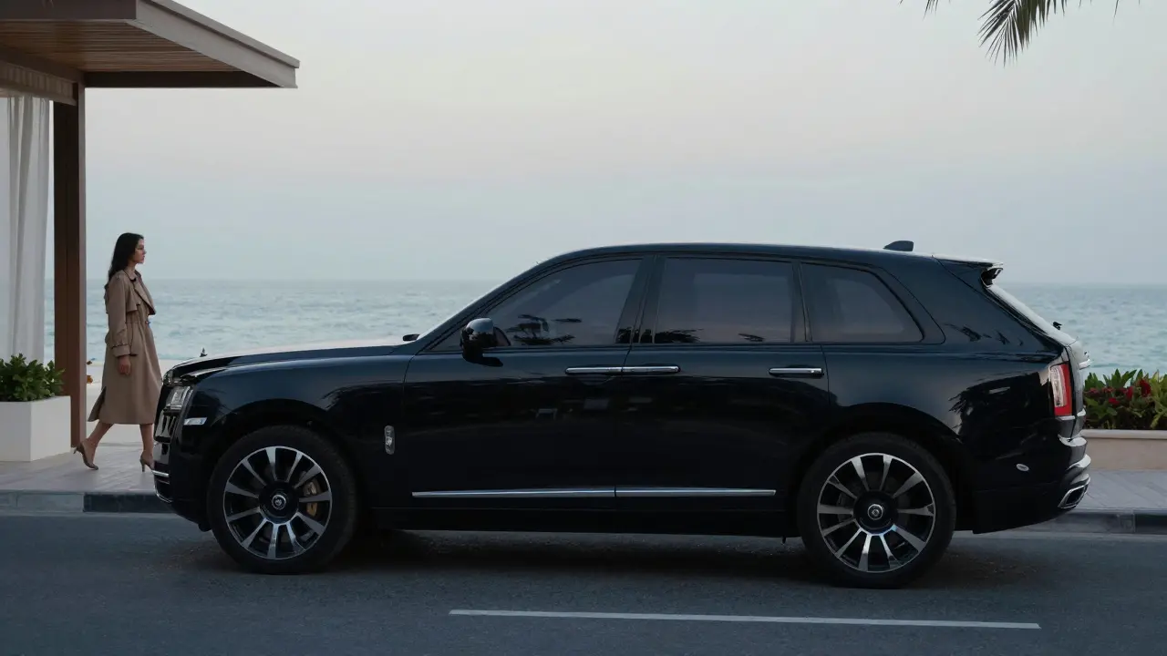 A black SUV arriving silently at a private beach club in Palm Jumeirah at dawn.