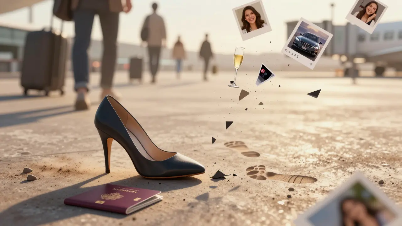 A broken high heel and discarded passport lie on an airport floor, surrounded by fading social media illusions.