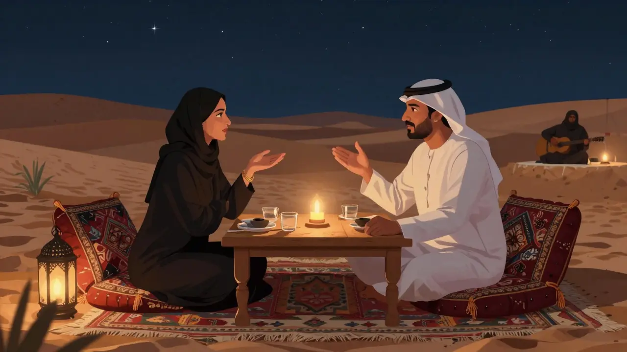 A couple dining under stars at a desert restaurant in Dubai, surrounded by soft lantern light and traditional decor.
