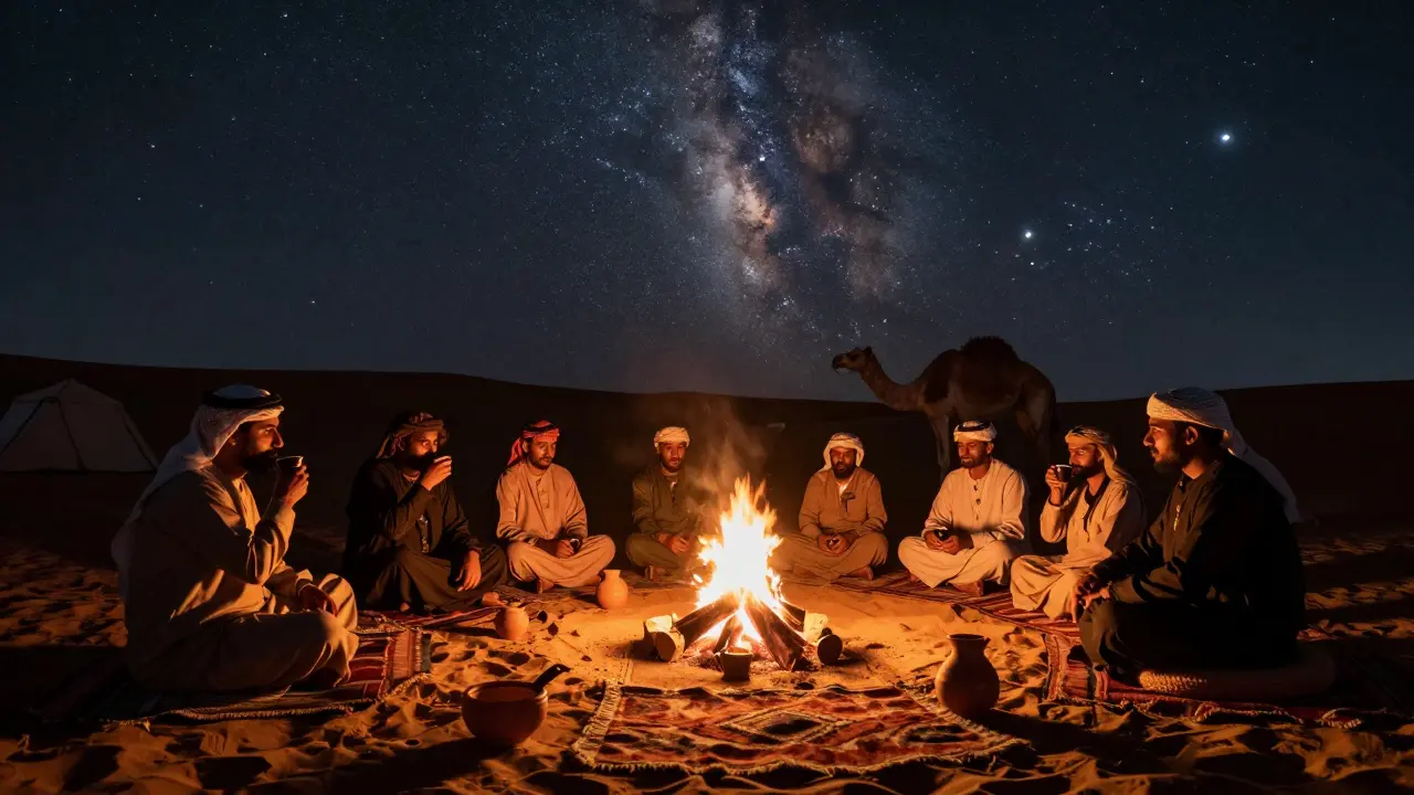 A cozy Bedouin camp at night with a crackling fire, guests sipping coffee, and a star-filled desert sky above.