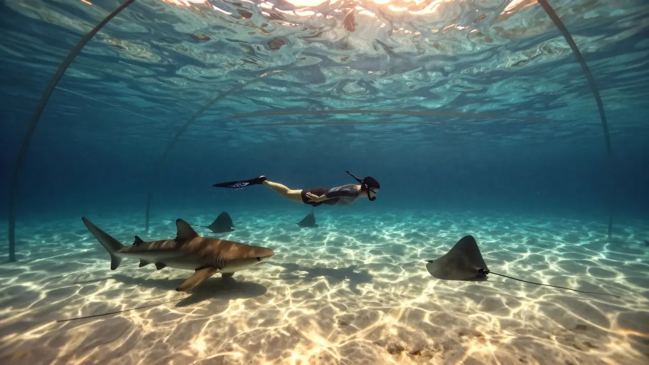 A diver floats peacefully among sharks and rays in the deep aquarium tank, bathed in sunlit water.
