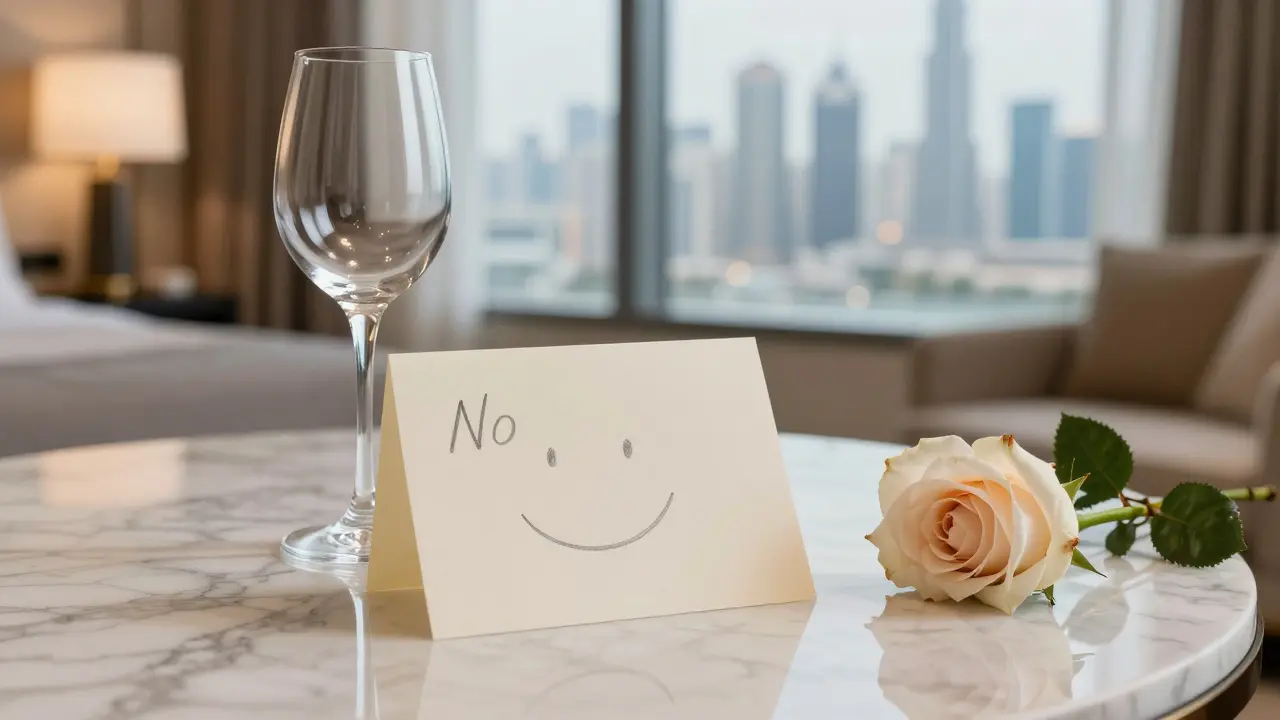 A handwritten note with a smiley face rests beside a wine glass on a hotel table, overlooking Dubai's skyline at night.