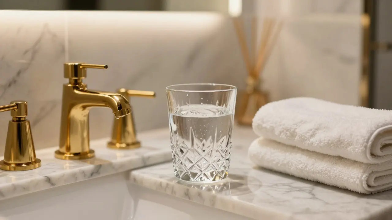 A lavishly detailed bathroom with gold fixtures, heated marble floors, and a crystal glass of chilled water, exuding silent, unbranded luxury.