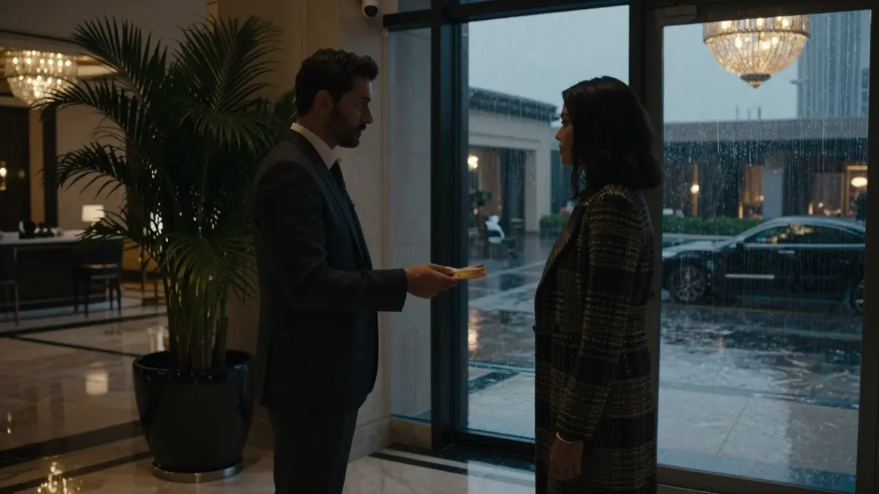 A man and woman exchange cash in a luxury hotel lobby, their faces hidden, tension in the air.