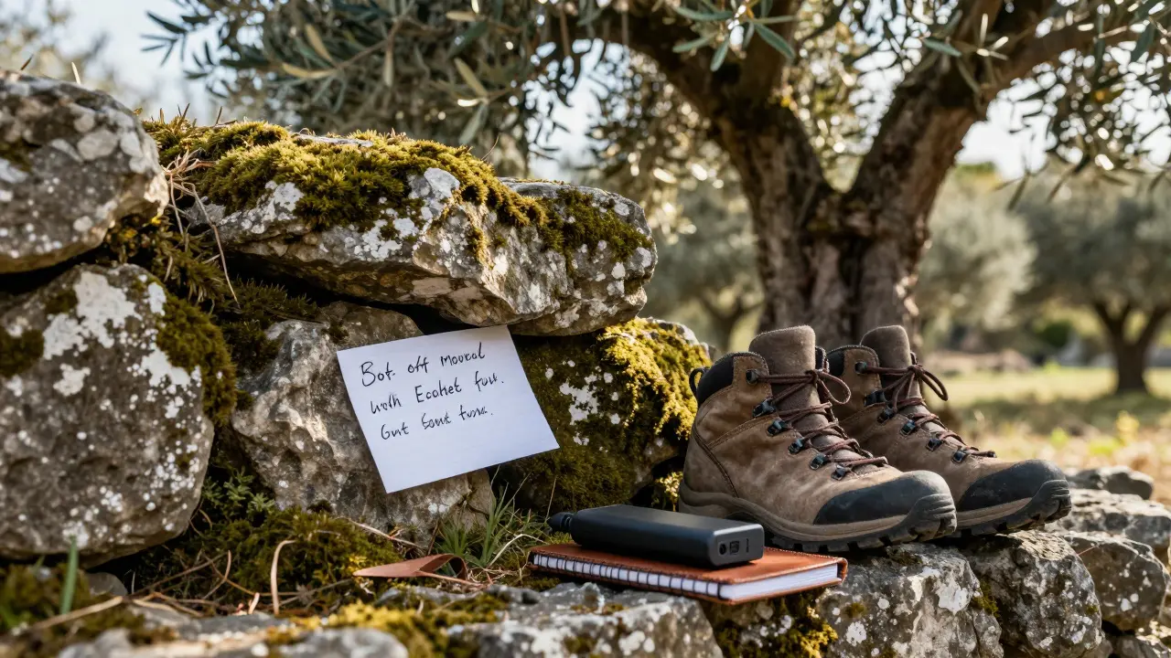 A moss-covered stone wall with a handwritten note tucked beneath it, hiking boots and a notebook nearby.