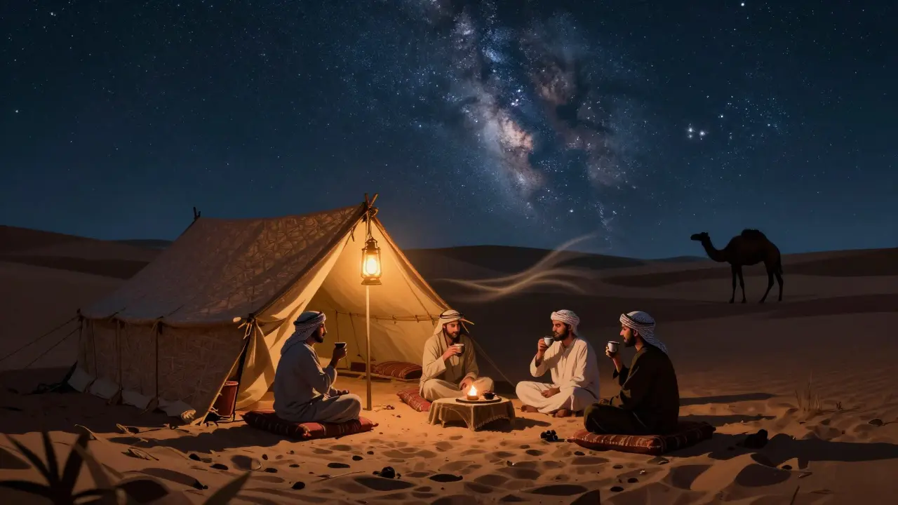 A peaceful desert camp at night with lantern light, guests seated under a star-filled sky.