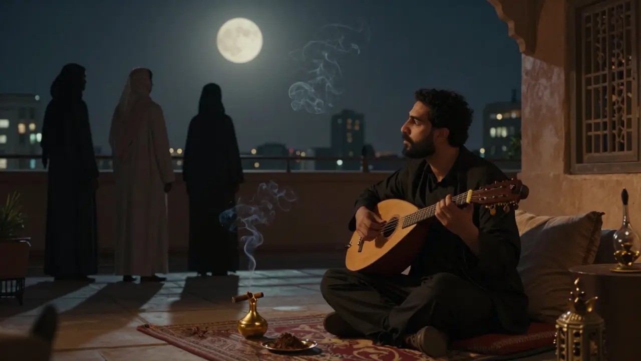 A quiet rooftop terrace at dawn with an oud player and silhouetted guests overlooking Dubai’s skyline, bathed in moonlight and warm ambient glow.