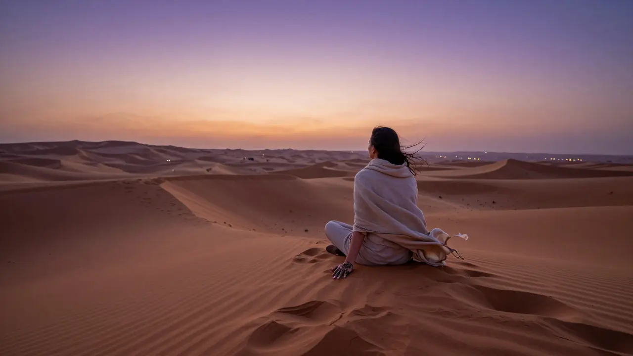 A solitary figure sits atop a dune at sunset, gazing across the desert as city lights glow faintly in the distance.