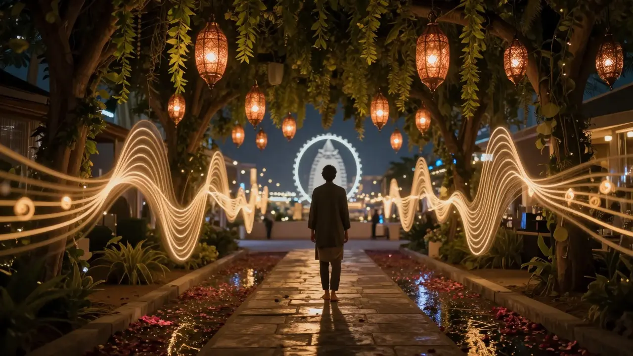 A solitary figure surrounded by invisible sound waves and floating lanterns in a serene nocturnal garden.