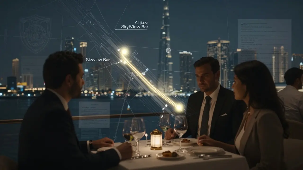A subtle map of Dubai's elite venues fades into a quiet dinner scene, symbolizing discretion and legal boundaries.