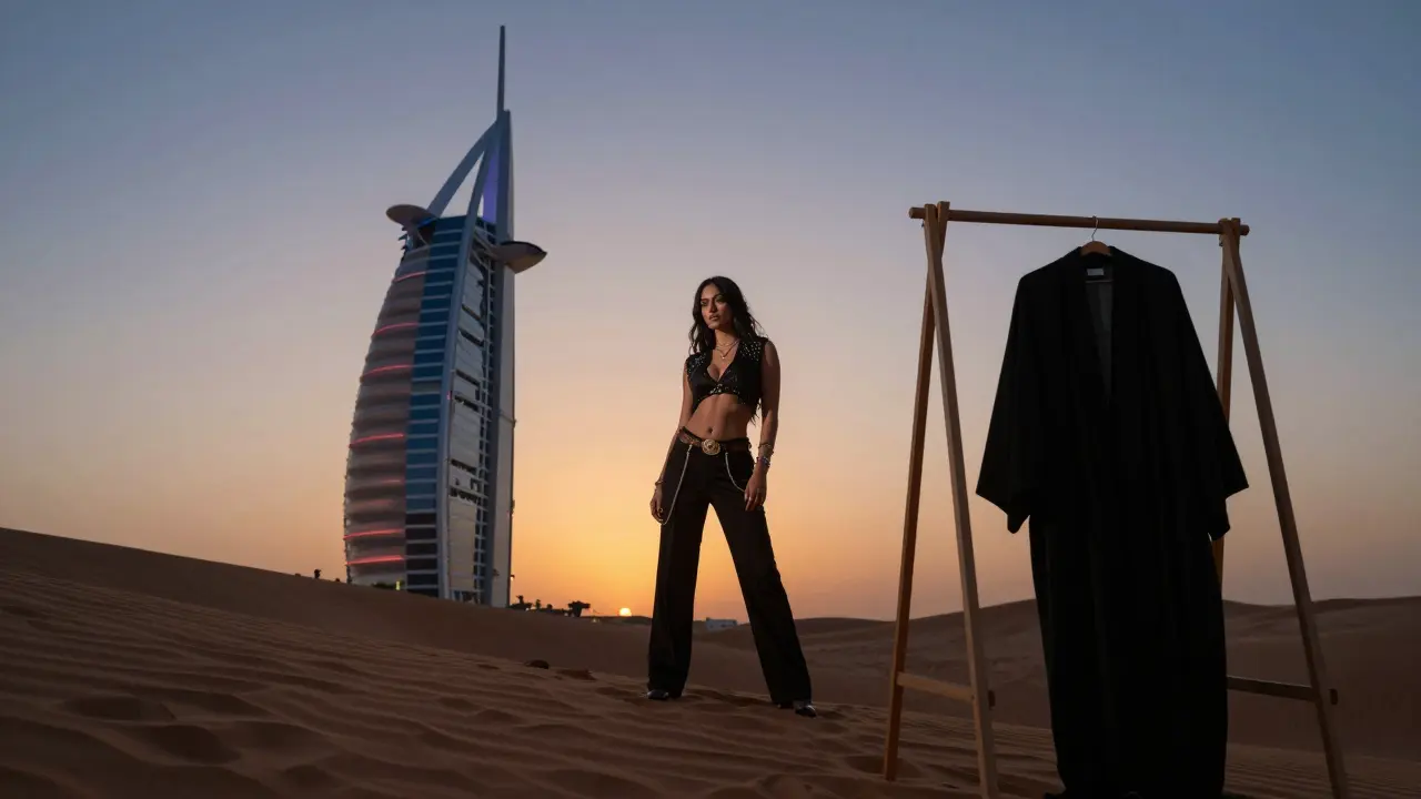 A woman's silhouette stands between desert dunes and a Dubai skyscraper, with a traditional abaya nearby.