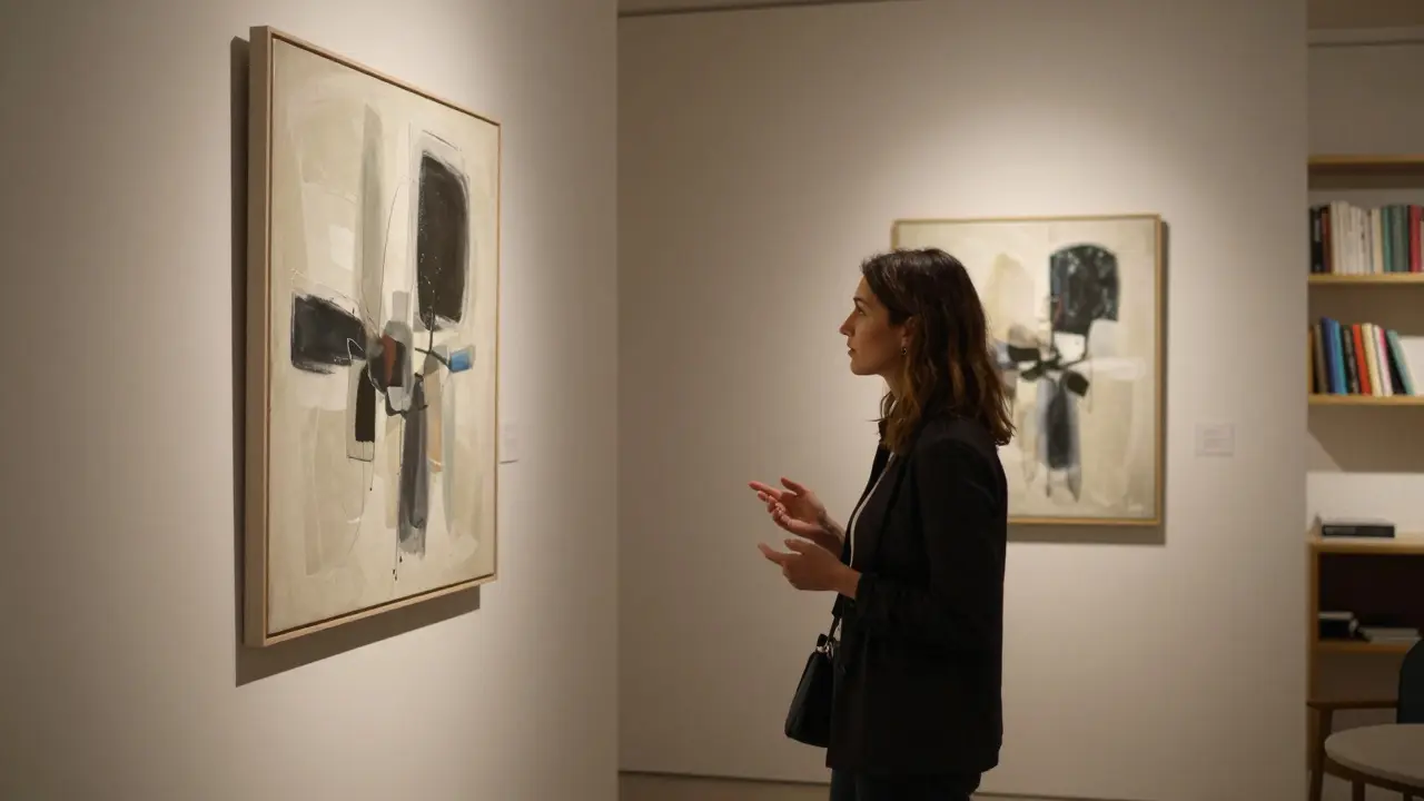 A woman in an art gallery gently explaining a painting to a client in Dubai.