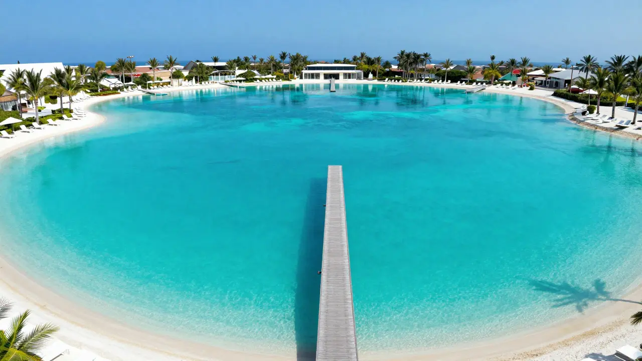 Aerial view of vibrant turquoise lagoon with wooden bridge and white loungers