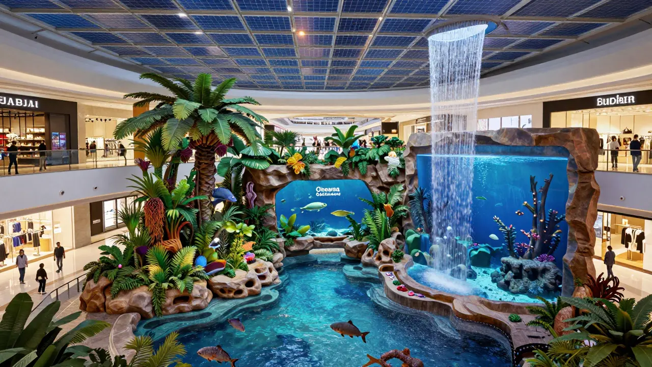 An aquarium integrated into a shopping mall, with marine zones below and shoppers above in harmony.
