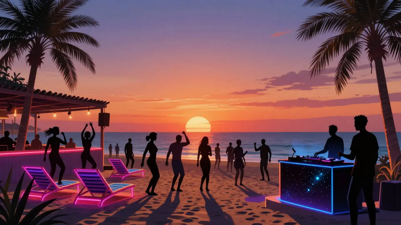 Beachside electronic music festival at Zero Gravity with neon lights and dancing silhouettes.
